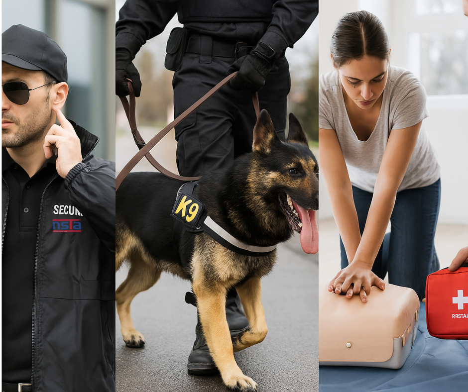 Security guard in training with K9 unit and first aid session in Brisbane, QLD